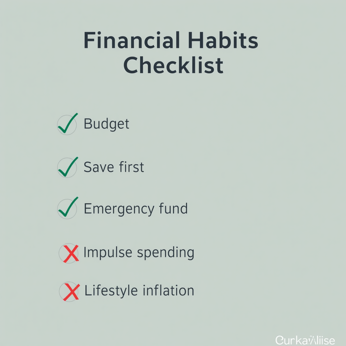 Minimal infographic titled _Financial Habits Checklist_ with clean typography. Green checkmarks (✔) next to_ Budget, Save first, Emergency fund. Red X marks (✖) next to_ Impulse spending, Lifestyle inflation. Simpl