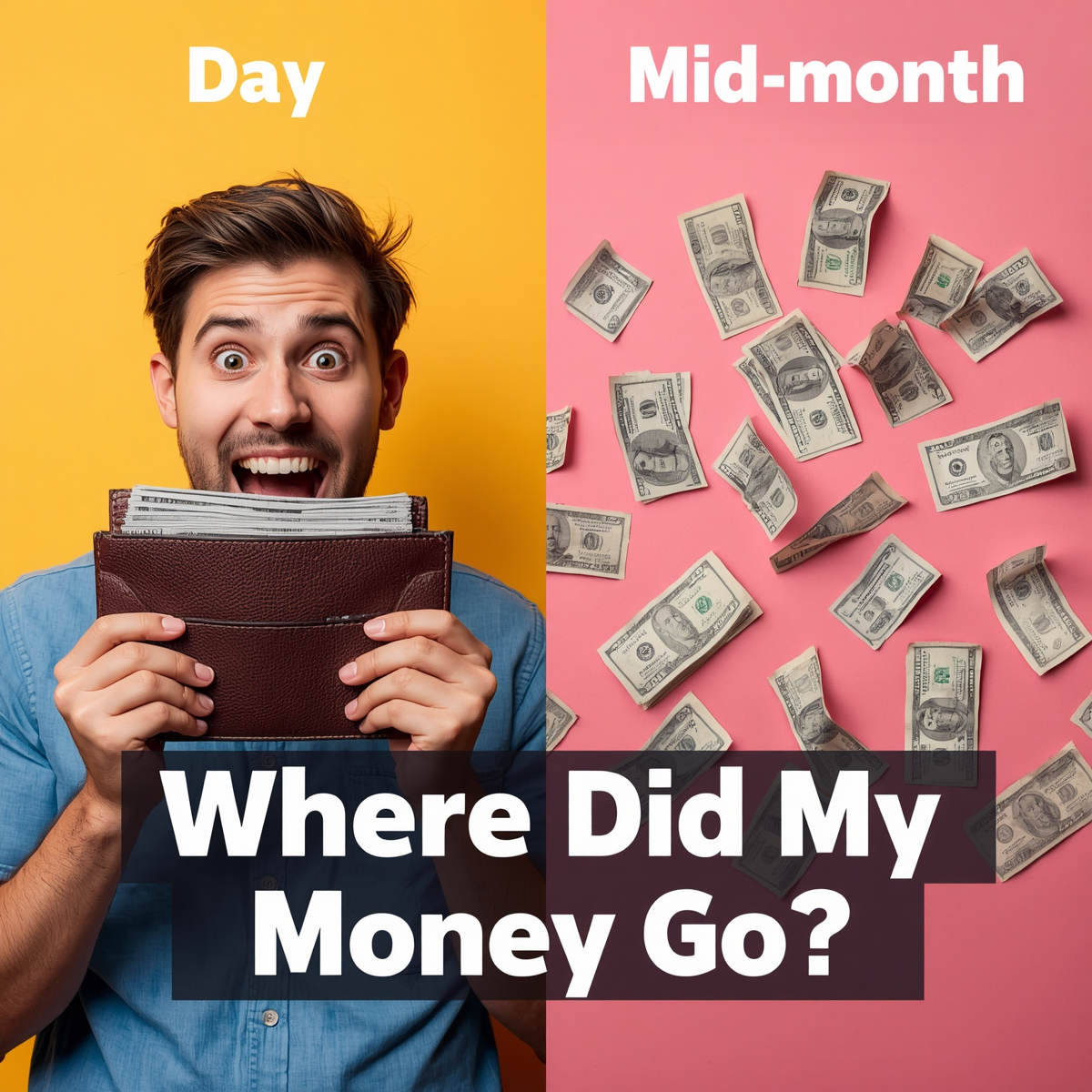 Two panel comparison image. Left panel_ Day salary arrives with a full thick wallet, person excited and happy. Right panel_ Mid-month with an empty flat wallet, expenses and bills scattered everywhere, person looki