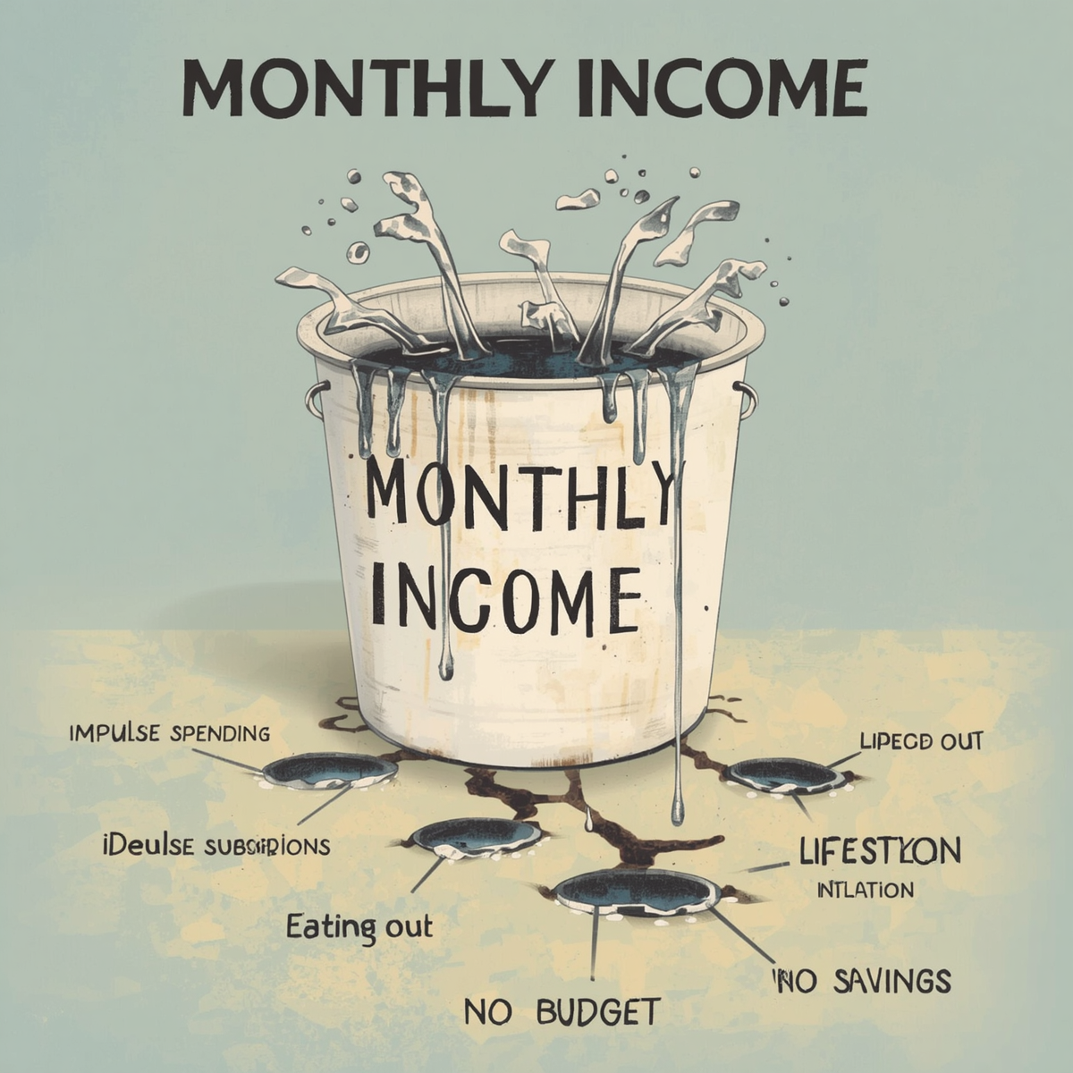 A bucket labeled _Monthly Income_ with multiple holes leaking water, each hole labeled with_ impulse spending, subscriptions, debt, lifestyle inflation, eating out, no budget, no savings. Visual metaphor showing mo